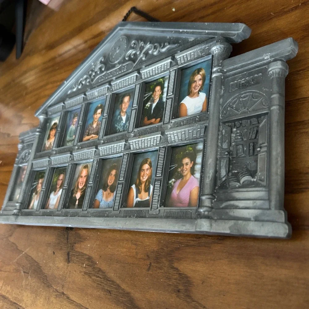 School House Vintage Picture Frame Silver Pewter Tone School Years Good